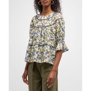 Merlette Sol Top Blouse X-Small Tiered Blue Yellow Floral Print Pima Cotton EUC‎